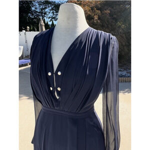 ALtuzarra dress Womens Size 38 Navy Blue Long Sheer Sleeve V-neck 100% Silk lux